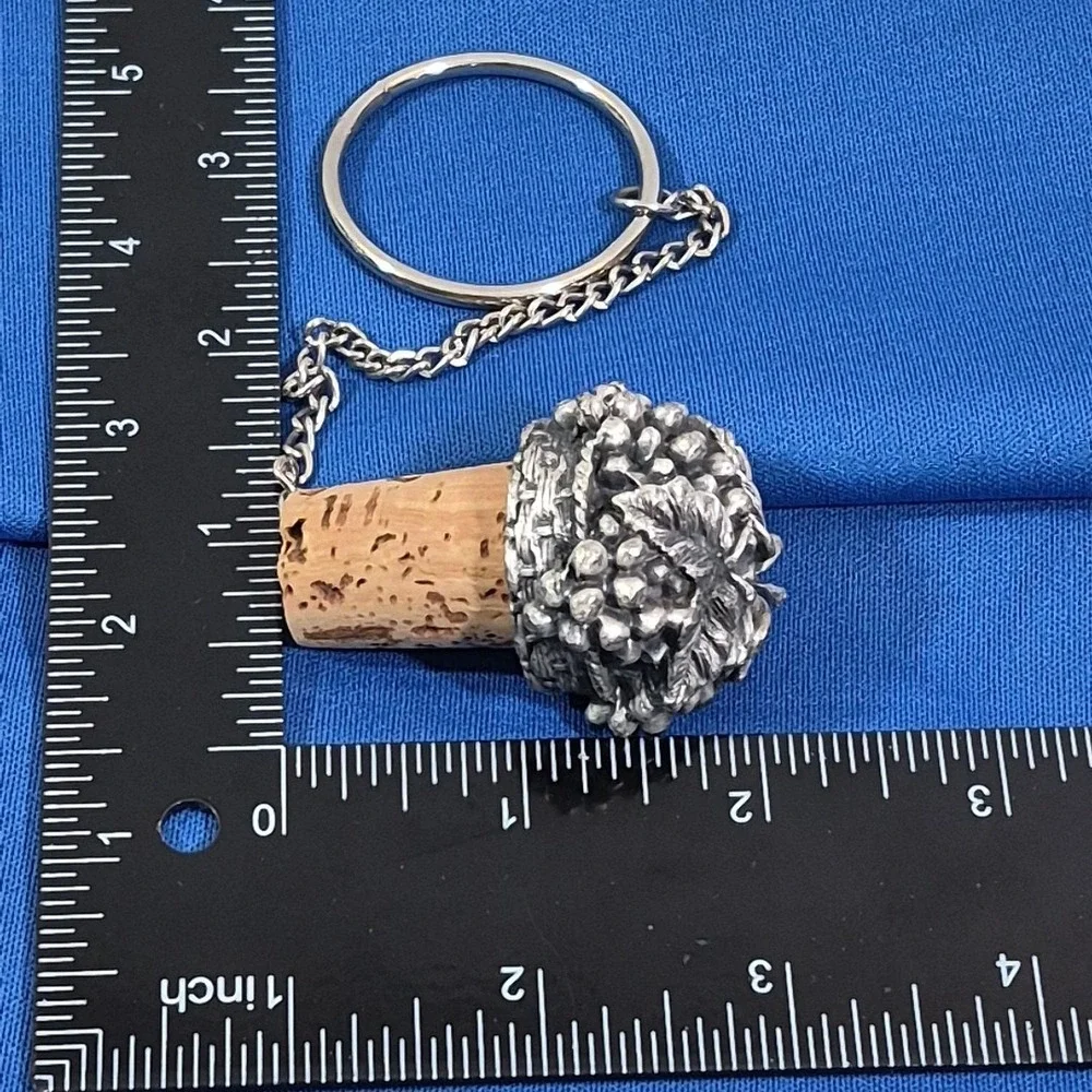 Vintage Made in Sommelier Pewter Wine Cork Stopper with Chain Ring Grape Cluster